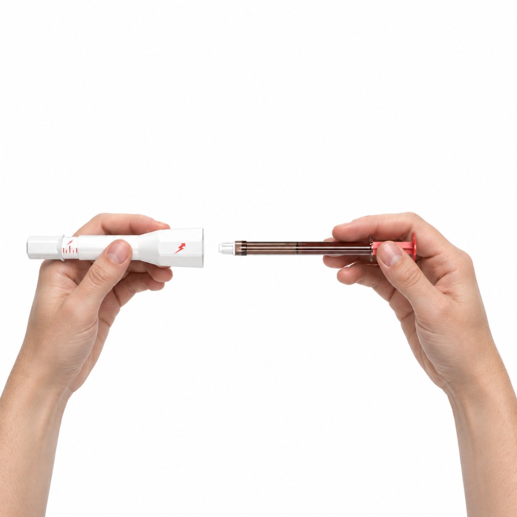 A prefilled syringe loaded into the B12Rx self-injector